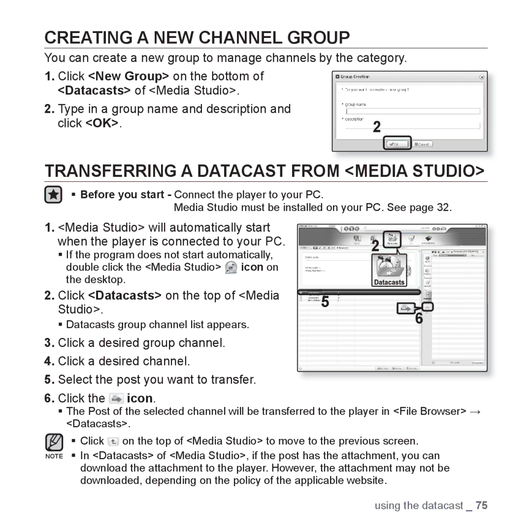 Samsung YP-S5JAB/XEF, YP-S5JQB/XEF, YP-S5JCW/XEF Creating a NEW Channel Group, Transferring a Datacast from Media Studio 