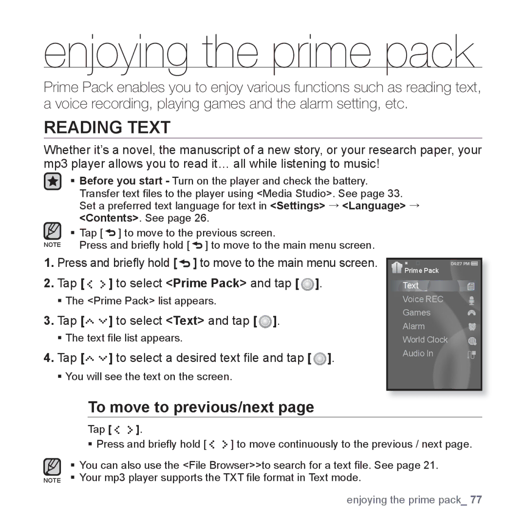 Samsung YP-S5JCW/XEF, YP-S5JAB/XEF, YP-S5JQB/XEF manual Enjoying the prime pack, Reading Text, To move to previous/next 