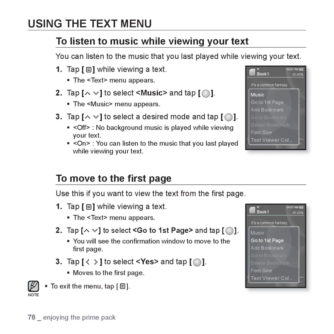 Samsung YP-S5JCB/XEF, YP-S5JAB/XEF Using the Text Menu, To listen to music while viewing your text, To move to the ﬁrst 