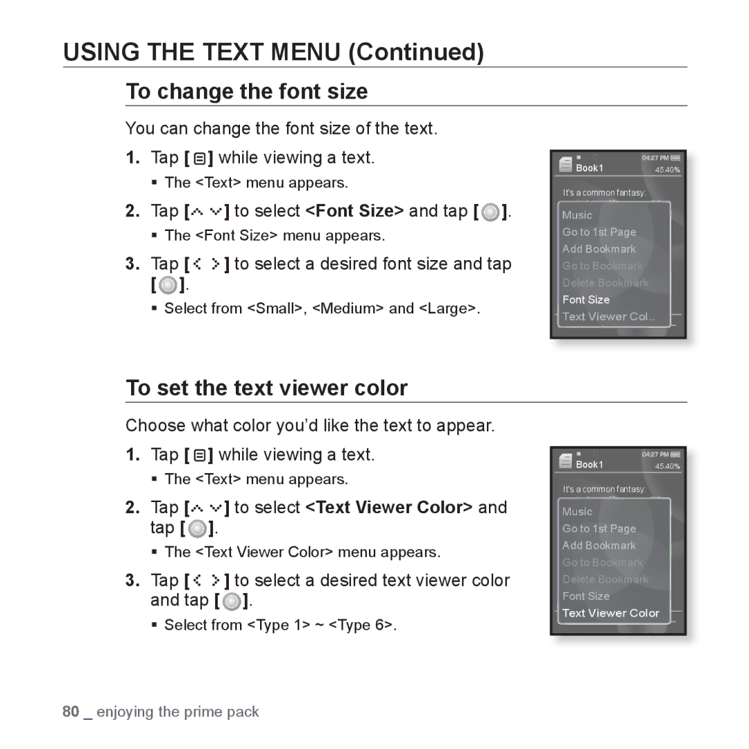 Samsung YP-S5JQB/XET manual To change the font size, To set the text viewer color, Tap to select Text Viewer Color and tap 