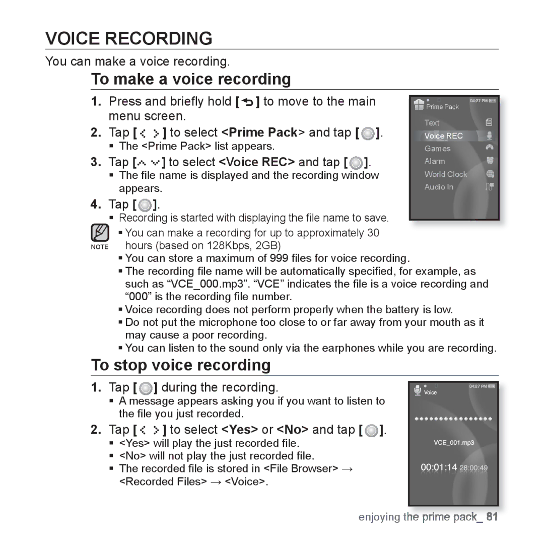 Samsung YP-S5JAW/XET, YP-S5JAB/XEF, YP-S5JQB/XEF manual Voice Recording, To make a voice recording, To stop voice recording 