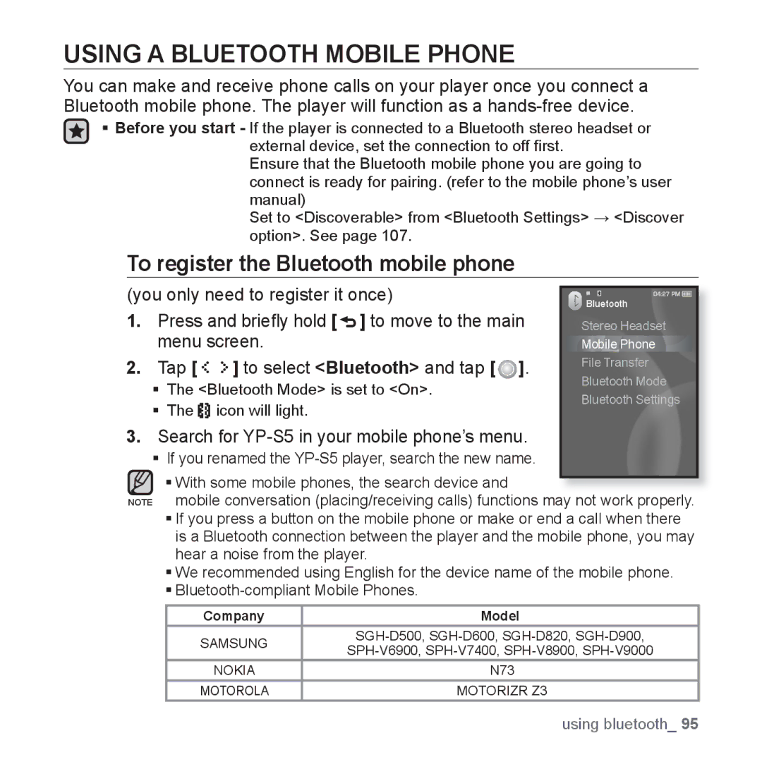 Samsung YP-S5JQB/XET, YP-S5JAB/XEF, YP-S5JQB/XEF Using a Bluetooth Mobile Phone, To register the Bluetooth mobile phone 