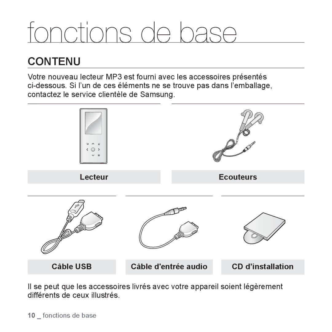 Samsung YP-S5JCW/XEF, YP-S5JAB/XEF manual Fonctions de base, Contenu, Lecteur Ecouteurs Câble USB Câble dentrée audio 