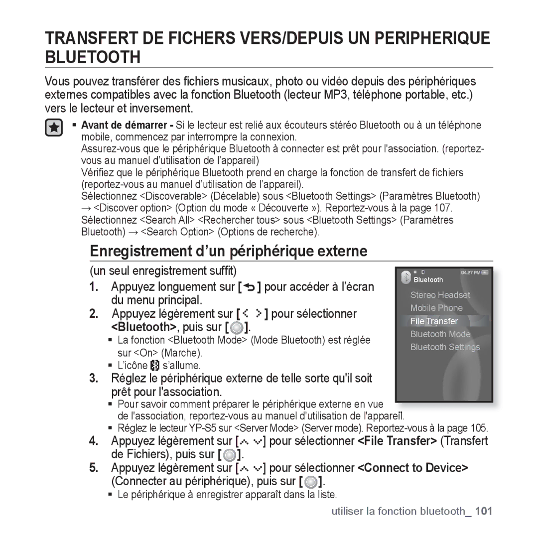 Samsung YP-S5JQB/XEF, YP-S5JAB/XEF manual Transfert DE Fichers VERS/DEPUIS UN Peripherique Bluetooth, Du menu principal 