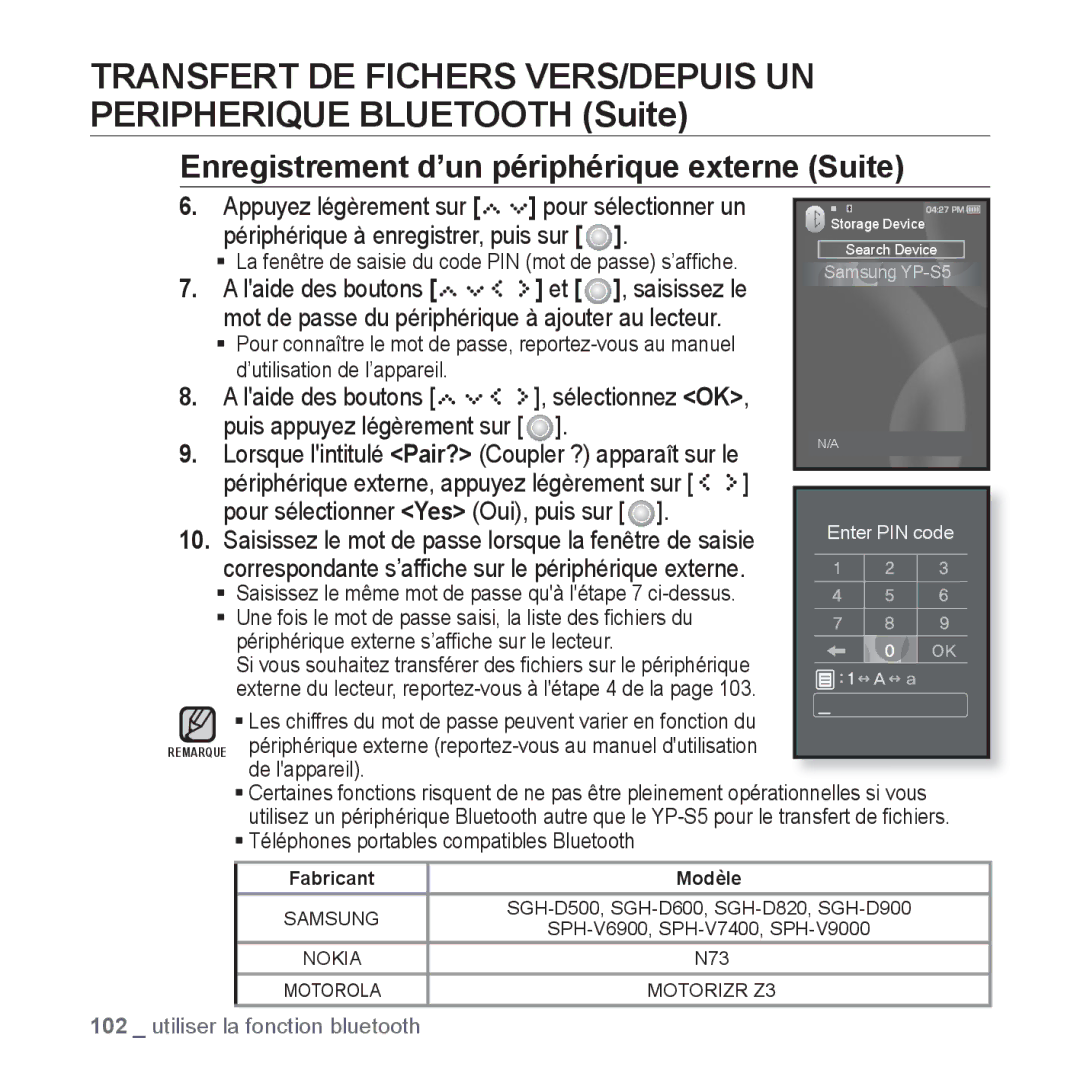 Samsung YP-S5JCW/XEF, YP-S5JAB/XEF, YP-S5JQB/XEF manual Enregistrement d’un périphérique externe Suite, Laide des boutons 