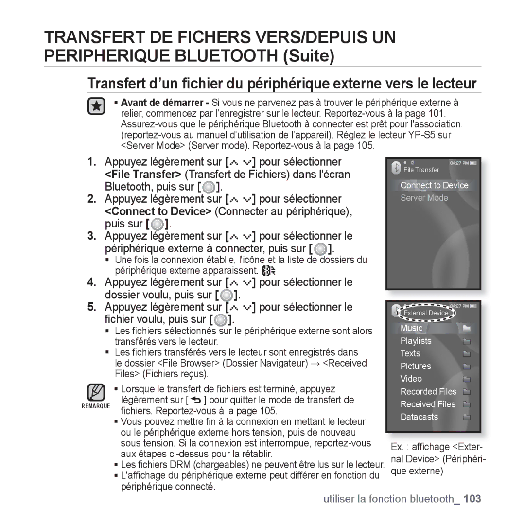 Samsung YP-S5JCB/XEF, YP-S5JAB/XEF, YP-S5JQB/XEF, YP-S5JCW/XEF manual ﬁchiers. Reportez-vous à la 