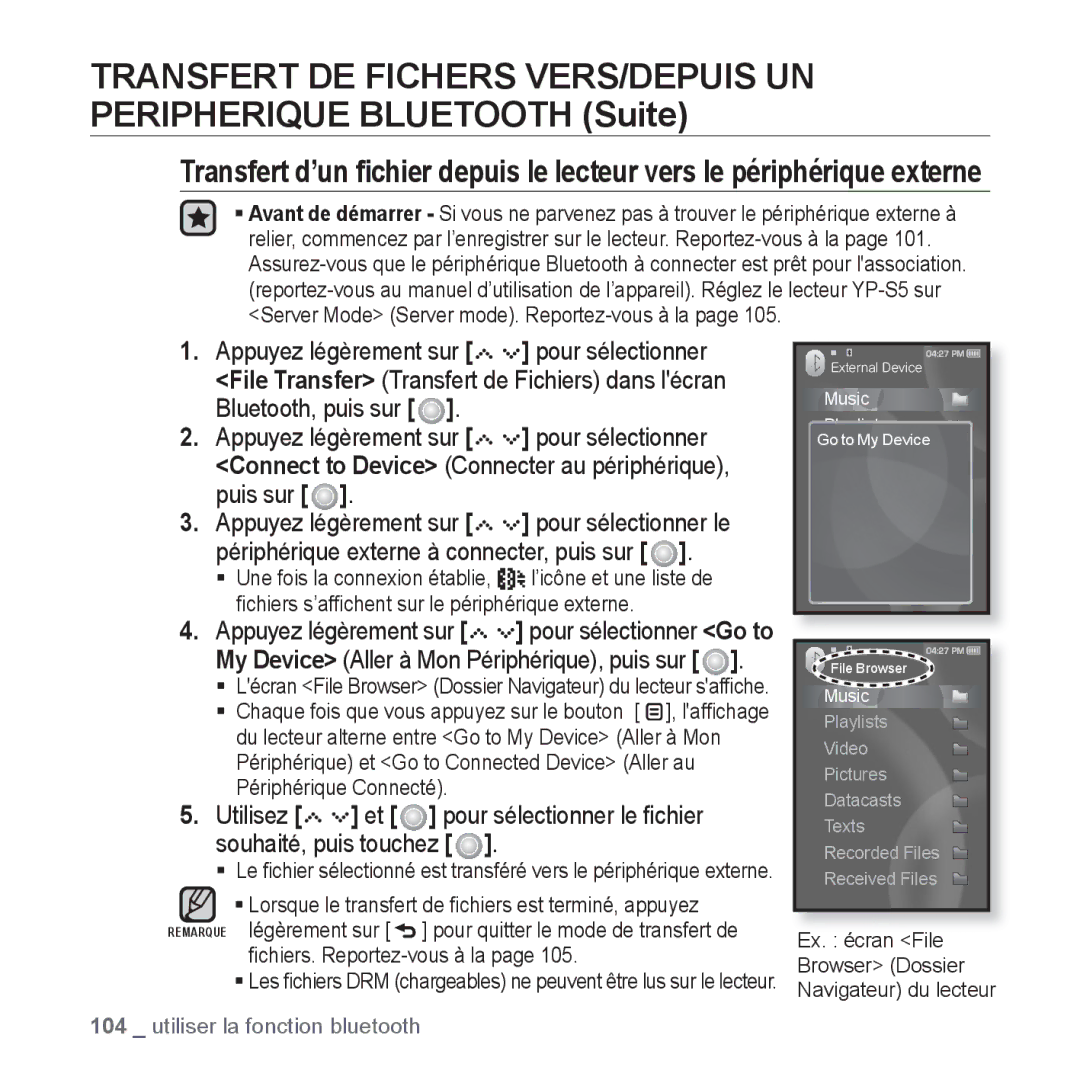 Samsung YP-S5JAB/XEF, YP-S5JQB/XEF, YP-S5JCW/XEF, YP-S5JCB/XEF manual ﬁchiers. Reportez-vous à la 