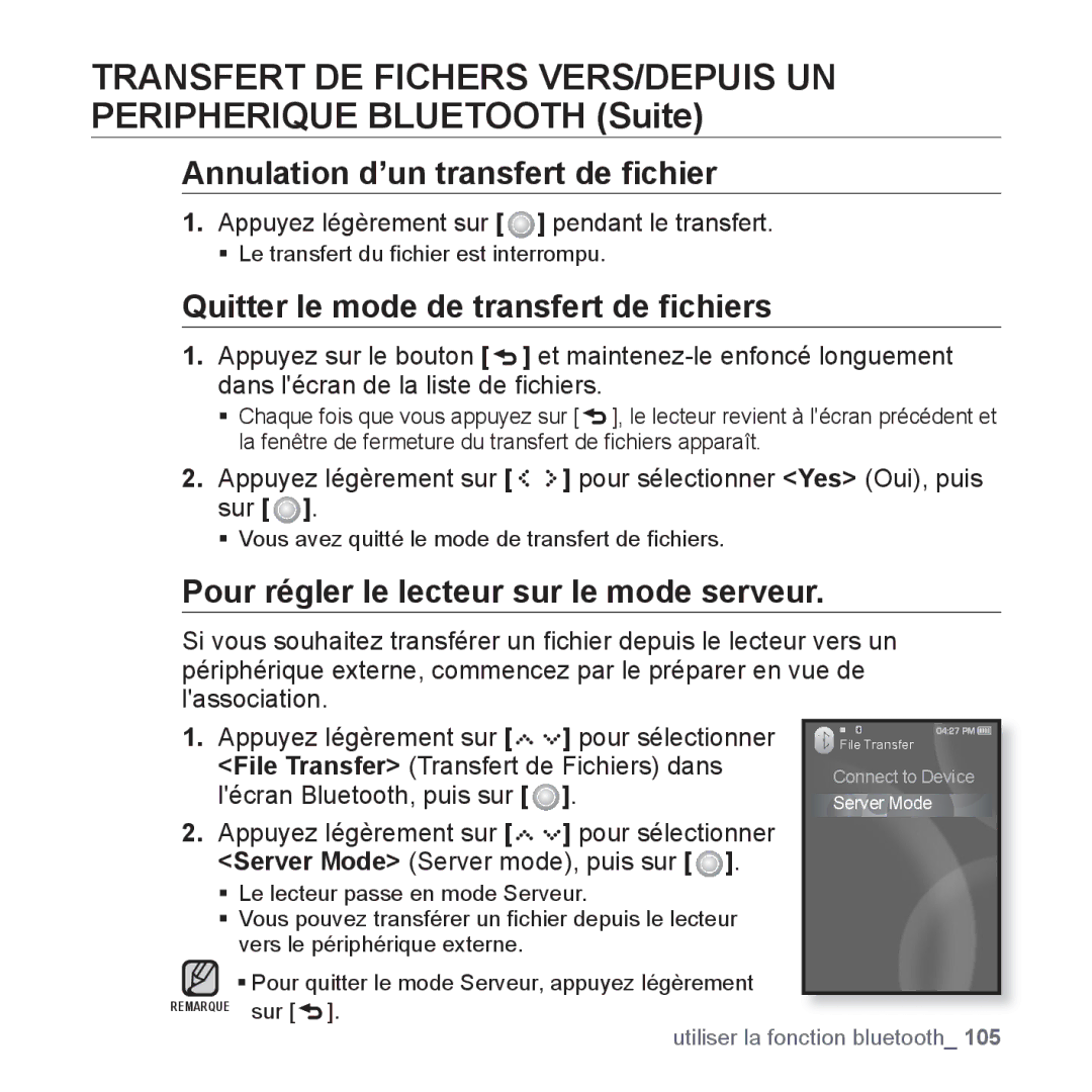 Samsung YP-S5JQB/XEF, YP-S5JAB/XEF manual Annulation d’un transfert de ﬁchier, Quitter le mode de transfert de ﬁchiers 