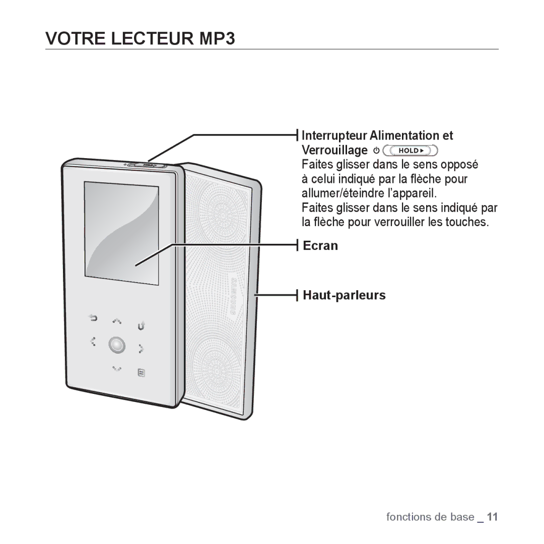 Samsung YP-S5JCB/XEF Votre Lecteur MP3, Interrupteur Alimentation et Verrouillage, Faites glisser dans le sens opposé 