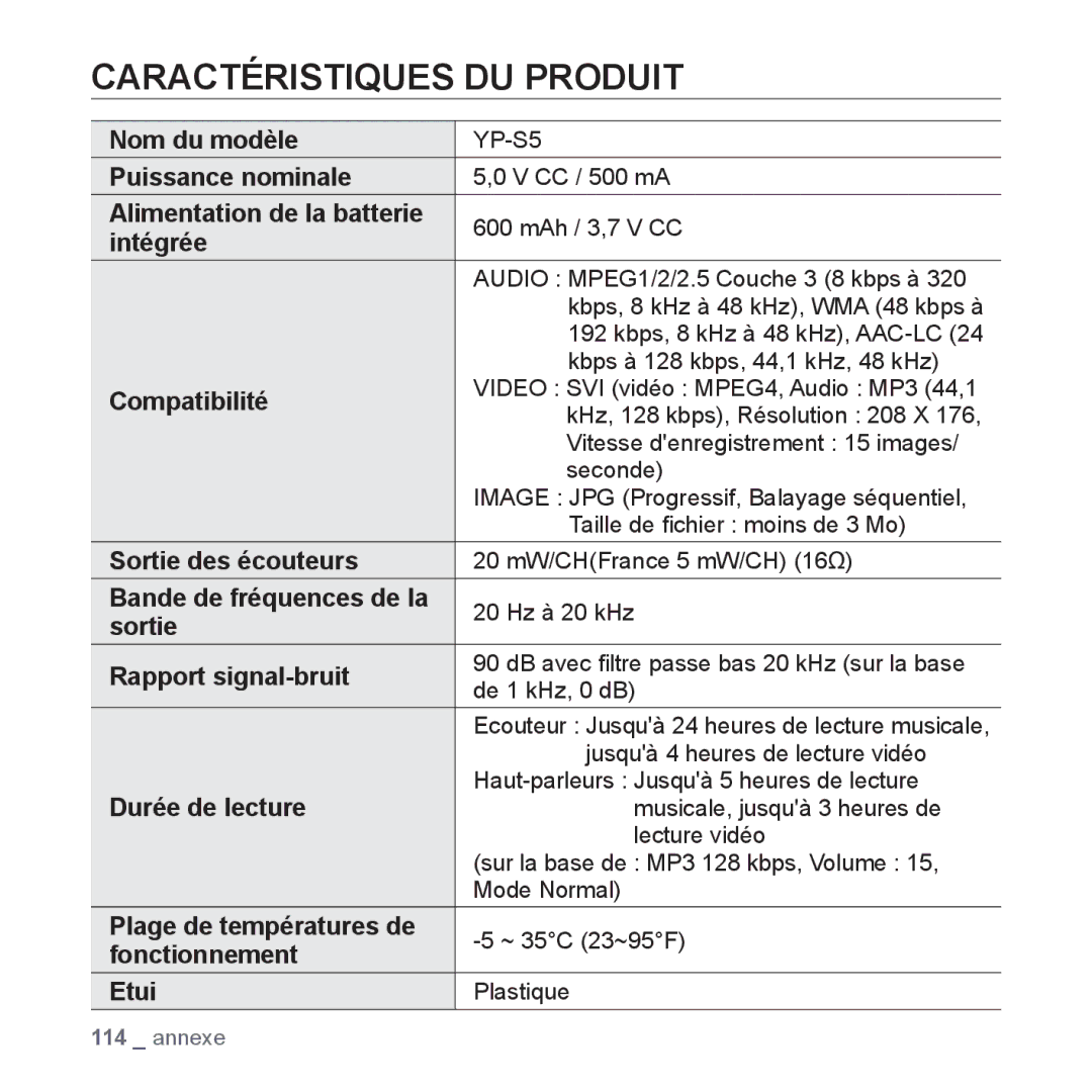 Samsung YP-S5JCW/XEF, YP-S5JAB/XEF, YP-S5JQB/XEF, YP-S5JCB/XEF manual Caractéristiques DU Produit 