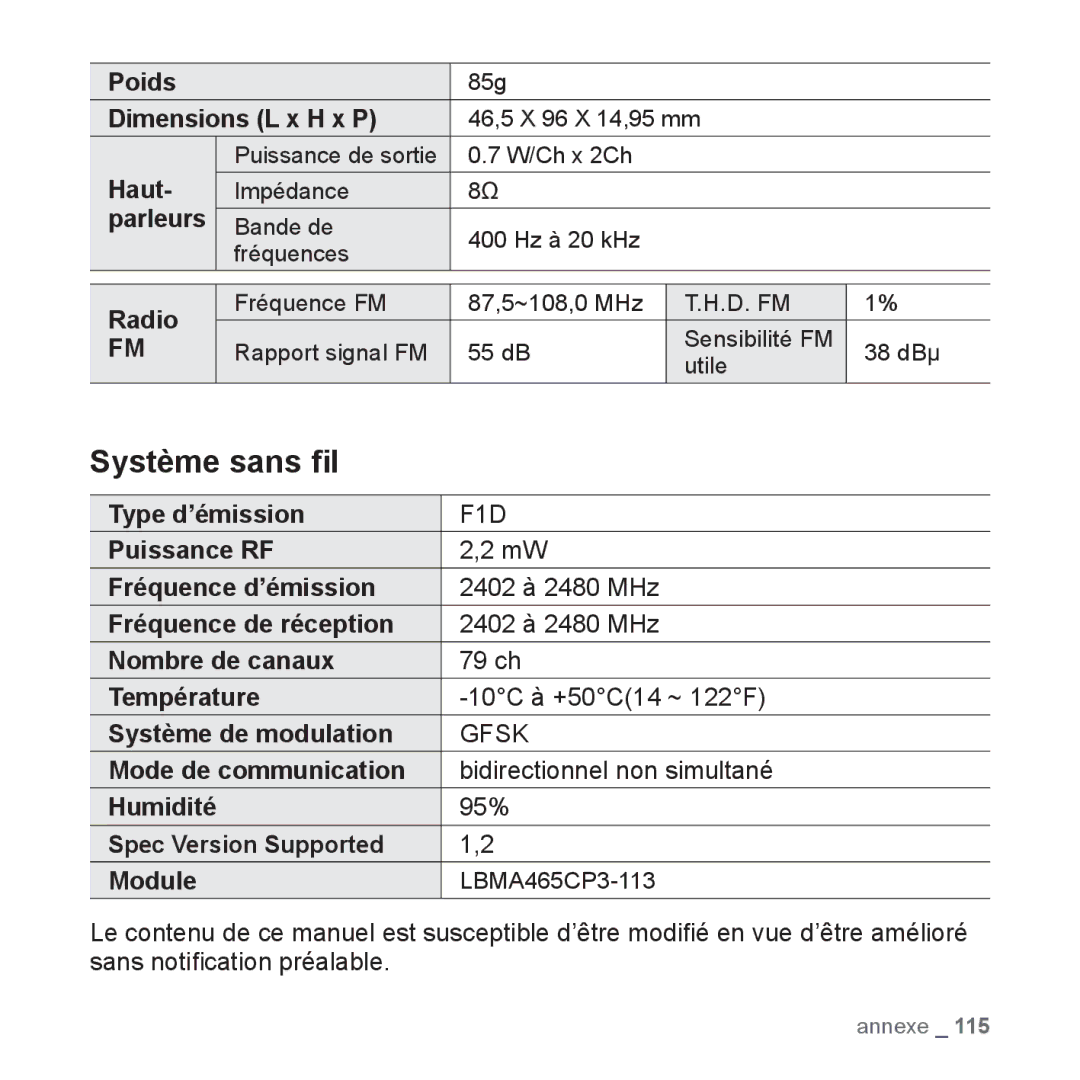 Samsung YP-S5JCB/XEF, YP-S5JAB/XEF, YP-S5JQB/XEF, YP-S5JCW/XEF manual Système sans ﬁl 