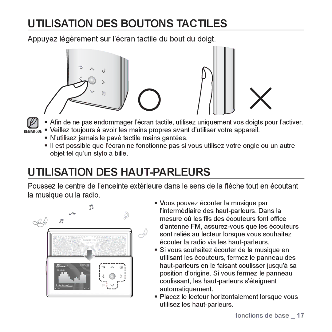 Samsung YP-S5JQB/XEF, YP-S5JAB/XEF, YP-S5JCW/XEF manual Utilisation DES Boutons Tactiles, Utilisation DES HAUT-PARLEURS 