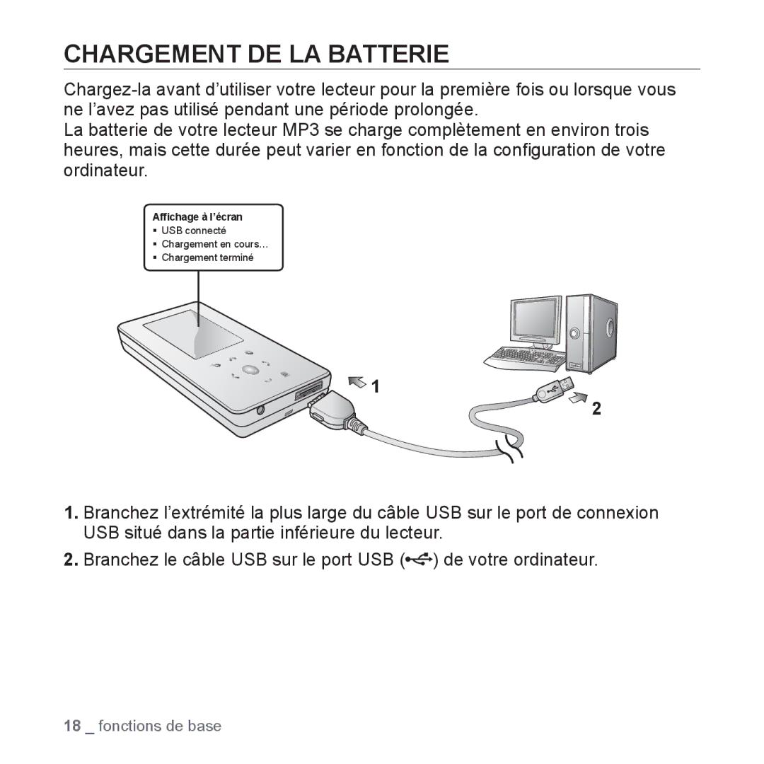 Samsung YP-S5JCW/XEF, YP-S5JAB/XEF, YP-S5JQB/XEF, YP-S5JCB/XEF manual Chargement DE LA Batterie 