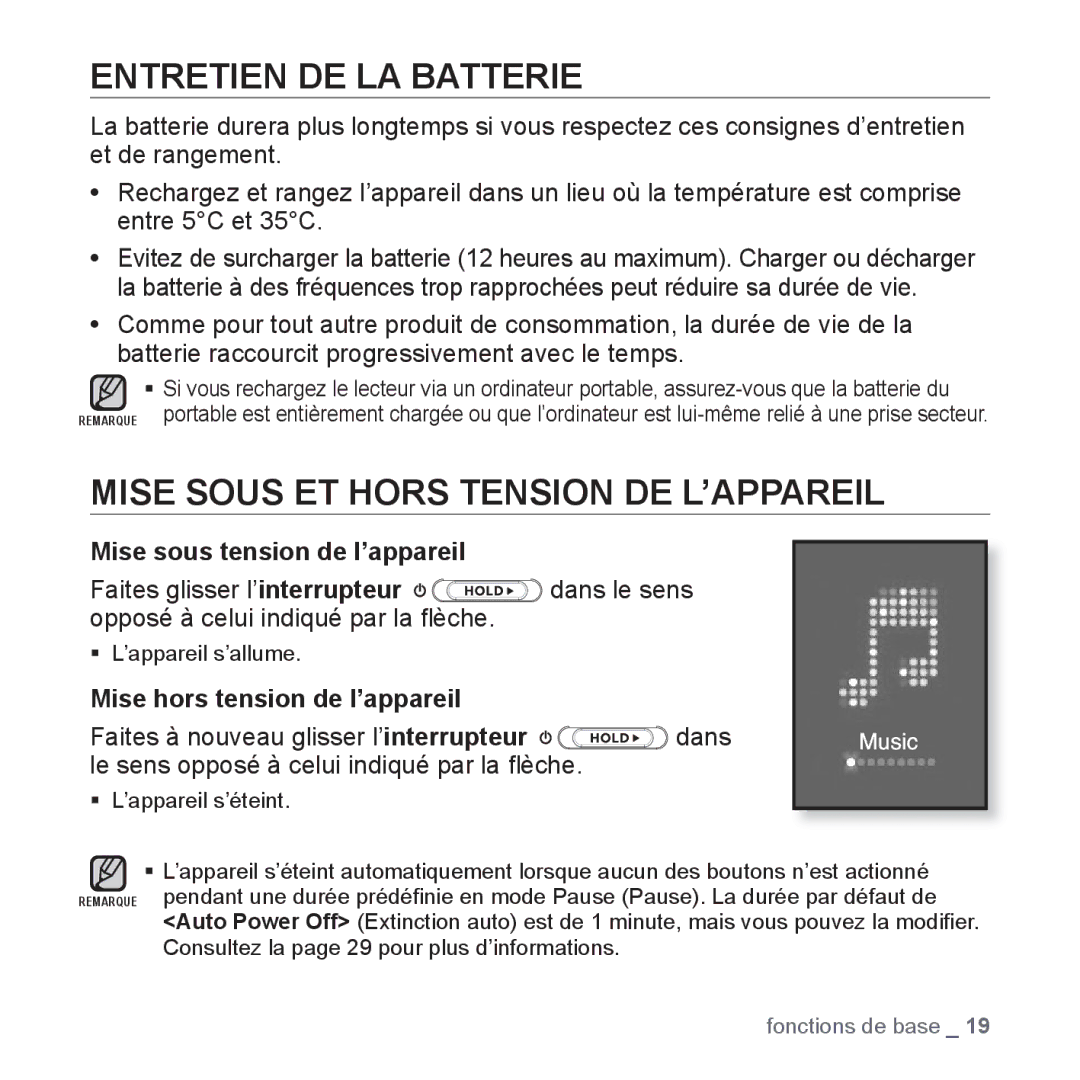 Samsung YP-S5JCB/XEF Entretien DE LA Batterie, Mise Sous ET Hors Tension DE L’APPAREIL, Mise sous tension de l’appareil 