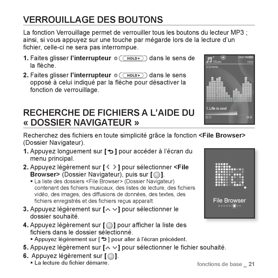 Samsung YP-S5JQB/XEF, YP-S5JAB/XEF Verrouillage DES Boutons, Recherche DE Fichiers a L’AIDE DU, « Dossier Navigateur » 