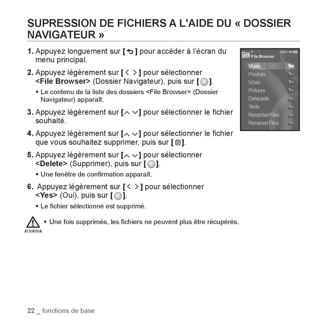 Samsung YP-S5JCW/XEF, YP-S5JAB/XEF, YP-S5JQB/XEF, YP-S5JCB/XEF manual Supression DE Fichiers a Laide DU « Dossier Navigateur » 