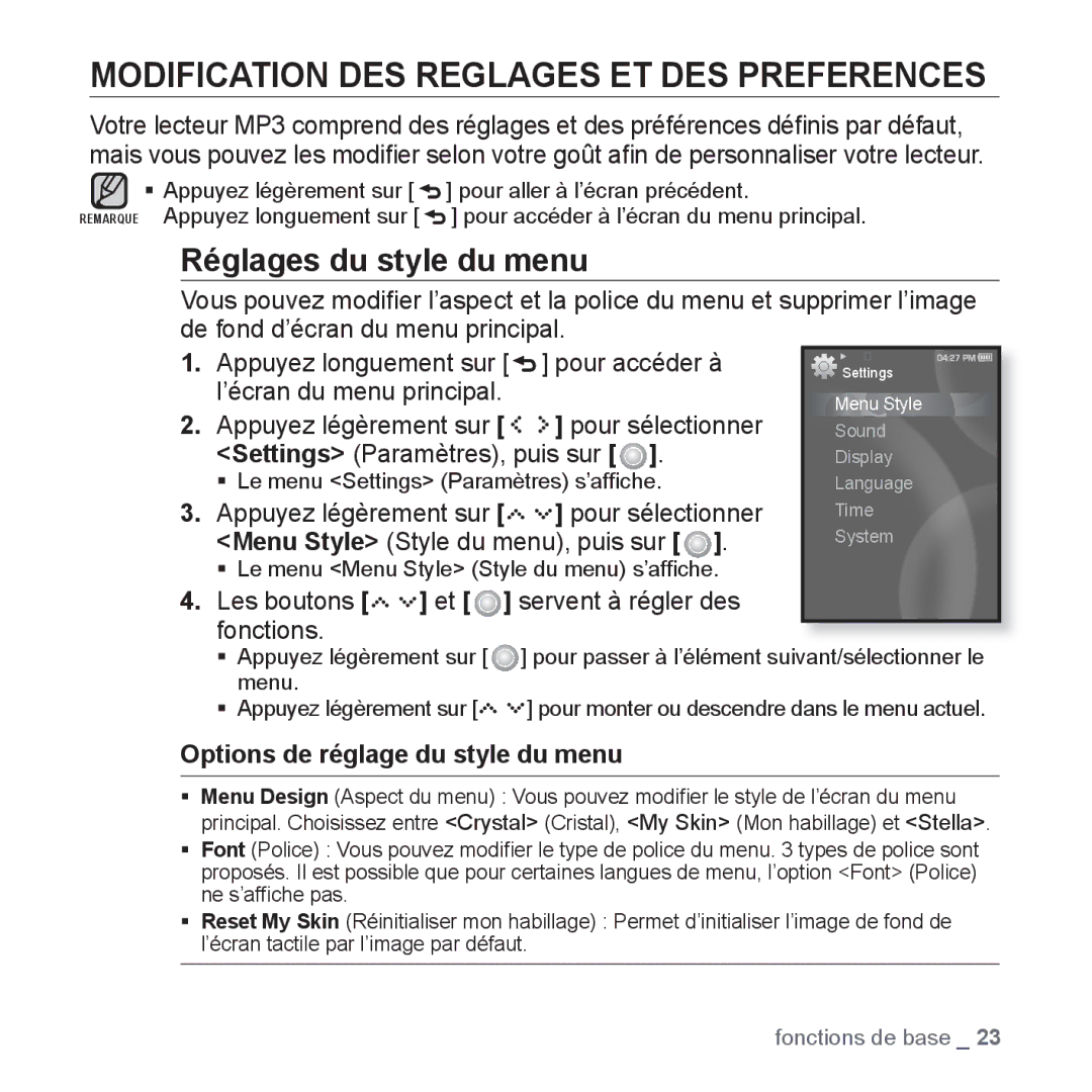 Samsung YP-S5JCB/XEF, YP-S5JAB/XEF, YP-S5JQB/XEF Modification DES Reglages ET DES Preferences, Réglages du style du menu 