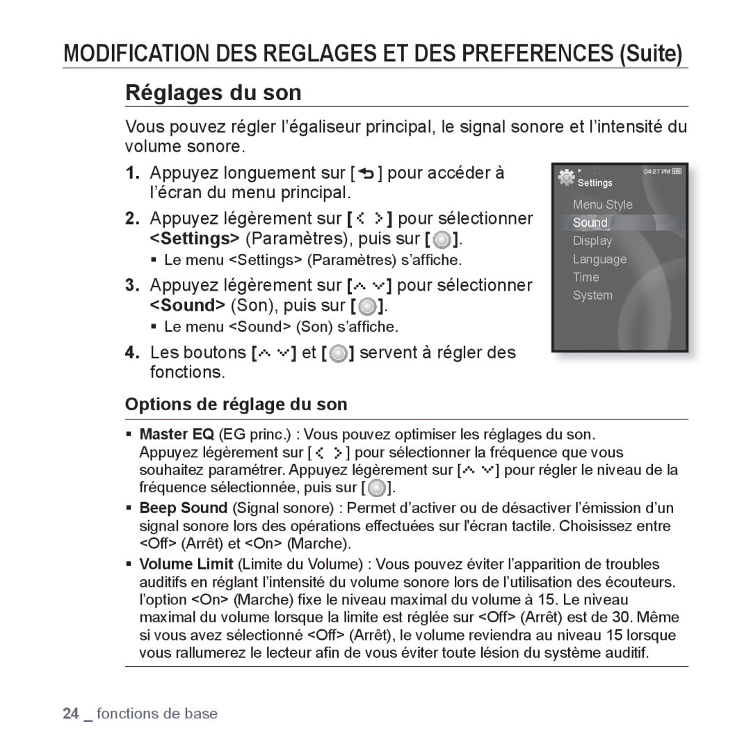 Samsung YP-S5JAB/XEF, YP-S5JQB/XEF Appuyez légèrement sur pour sélectionner Sound Son, puis sur, Options de réglage du son 