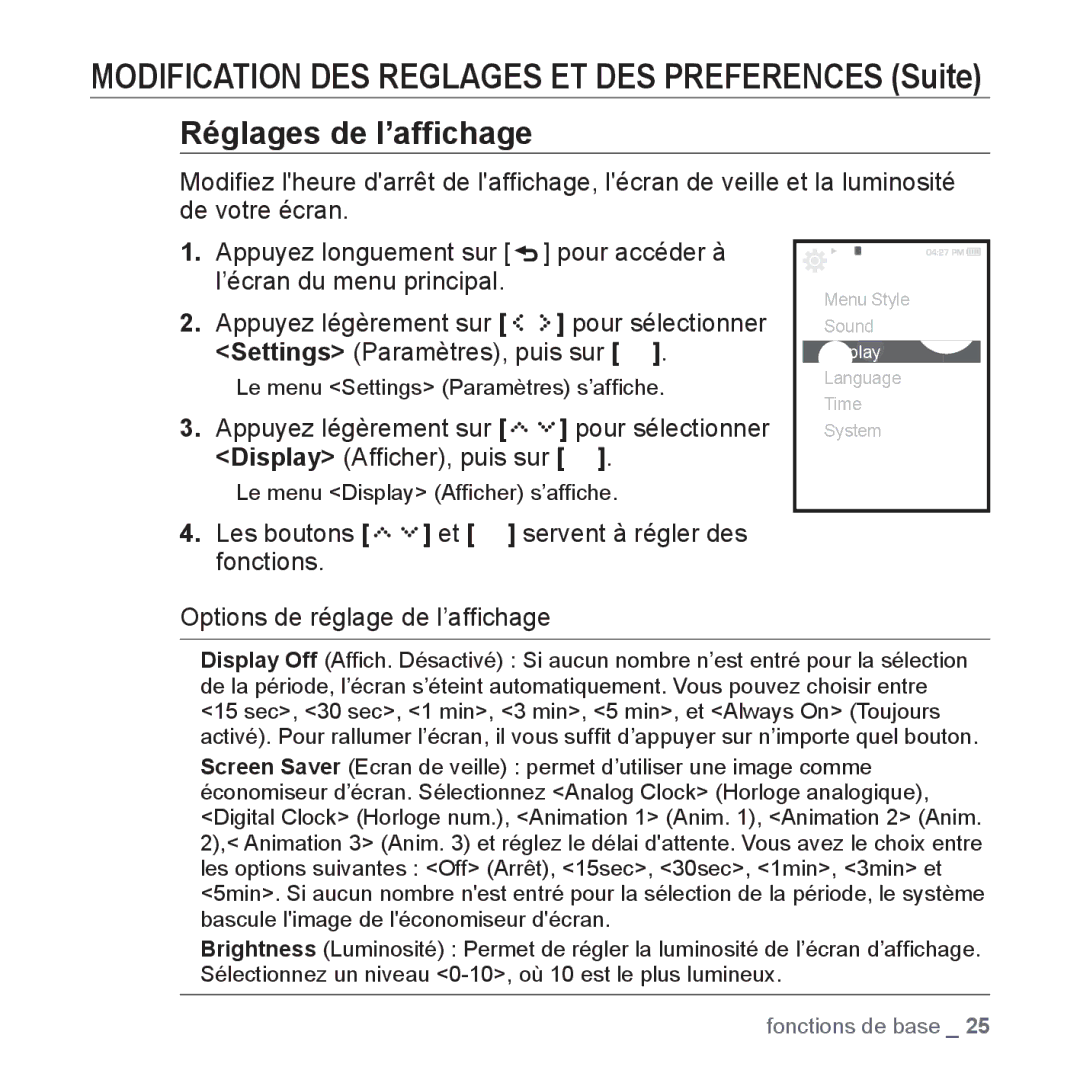 Samsung YP-S5JQB/XEF, YP-S5JAB/XEF, YP-S5JCW/XEF, YP-S5JCB/XEF manual ƒ Le menu Display Afﬁcher s’afﬁche 