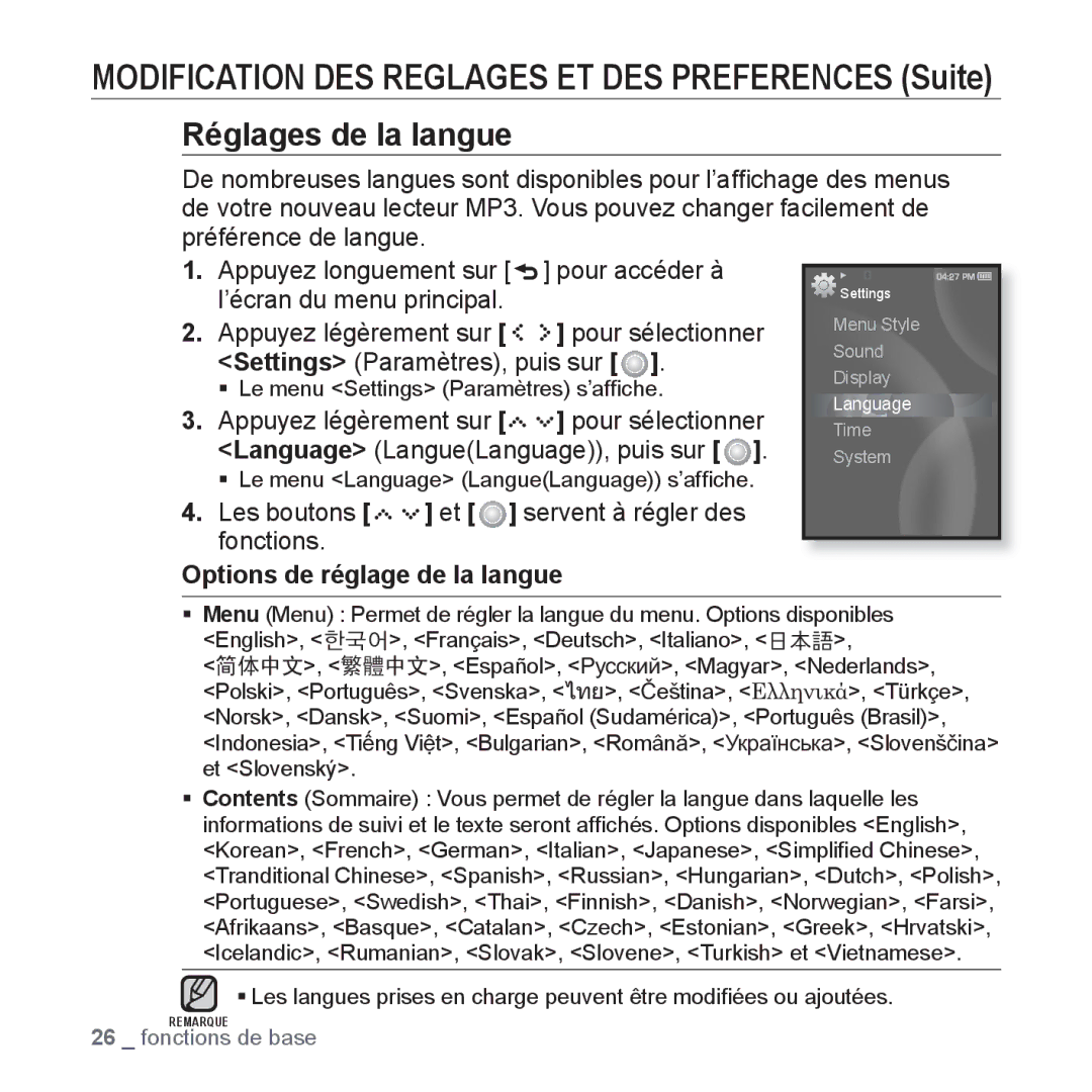 Samsung YP-S5JCW/XEF, YP-S5JAB/XEF, YP-S5JQB/XEF, YP-S5JCB/XEF manual Options de réglage de la langue 