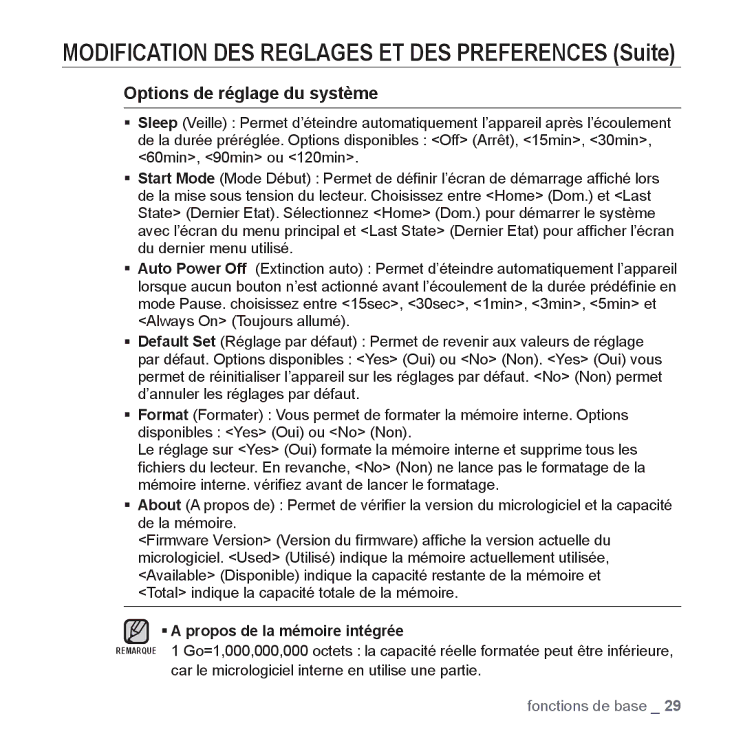 Samsung YP-S5JQB/XEF, YP-S5JAB/XEF manual Modification DES Reglages ET DES Preferences Suite, Options de réglage du système 