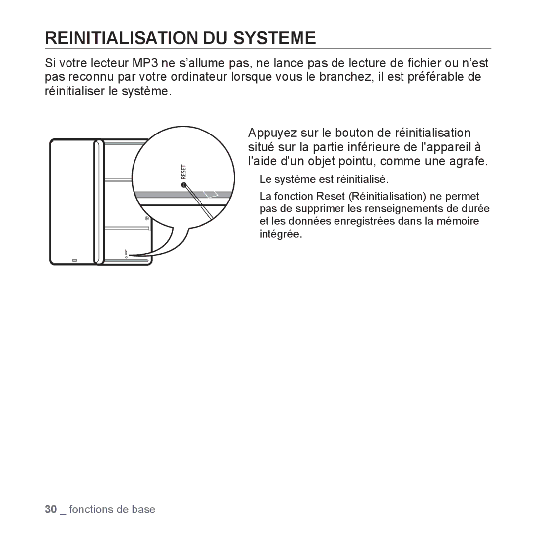 Samsung YP-S5JCW/XEF, YP-S5JAB/XEF, YP-S5JQB/XEF, YP-S5JCB/XEF manual Reinitialisation DU Systeme 