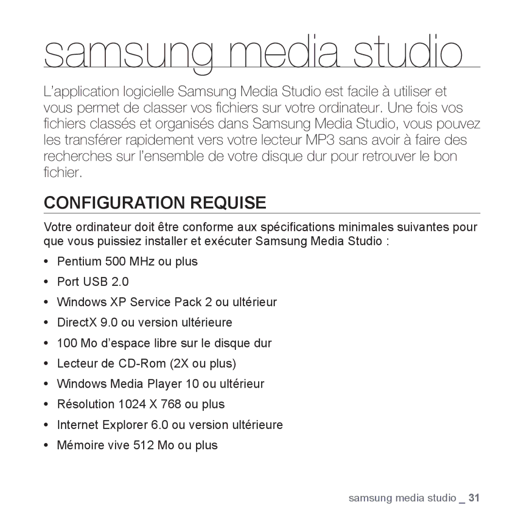 Samsung YP-S5JCB/XEF, YP-S5JAB/XEF, YP-S5JQB/XEF, YP-S5JCW/XEF manual Samsung media studio, Configuration Requise 