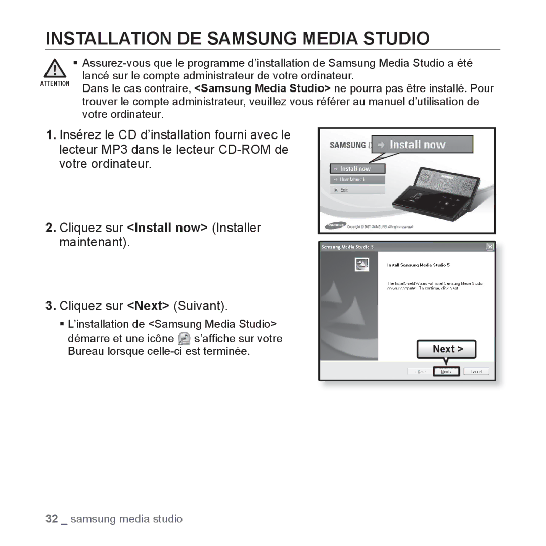 Samsung YP-S5JAB/XEF, YP-S5JQB/XEF manual Installation DE Samsung Media Studio, Cliquez sur Install now Installer maintenant 