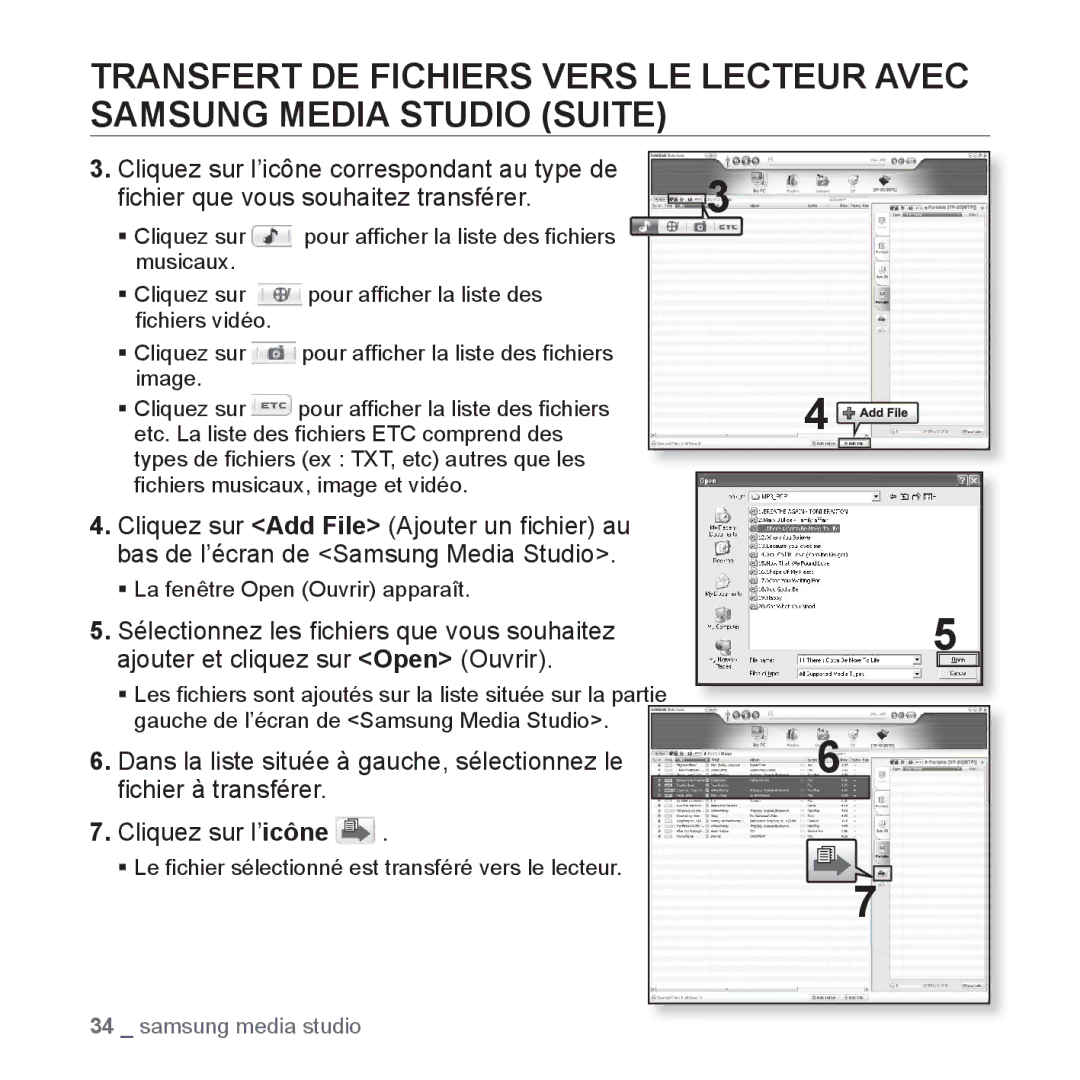 Samsung YP-S5JCW/XEF, YP-S5JAB/XEF manual Cliquez sur l’icône correspondant au type de, ﬁchier que vous souhaitez transférer 