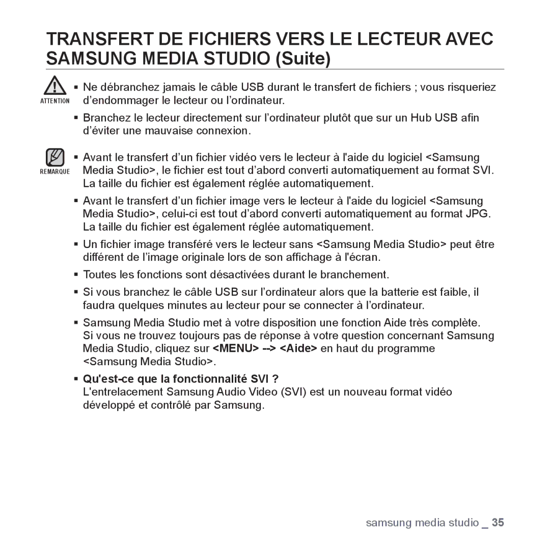 Samsung YP-S5JCB/XEF, YP-S5JAB/XEF, YP-S5JQB/XEF, YP-S5JCW/XEF manual ƒ Quest-ce que la fonctionnalité SVI ? 