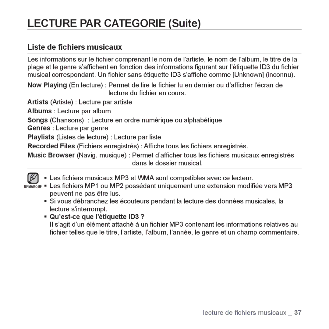 Samsung YP-S5JQB/XEF, YP-S5JAB/XEF, YP-S5JCW/XEF, YP-S5JCB/XEF manual Lecture PAR Categorie Suite, Liste de ﬁchiers musicaux 