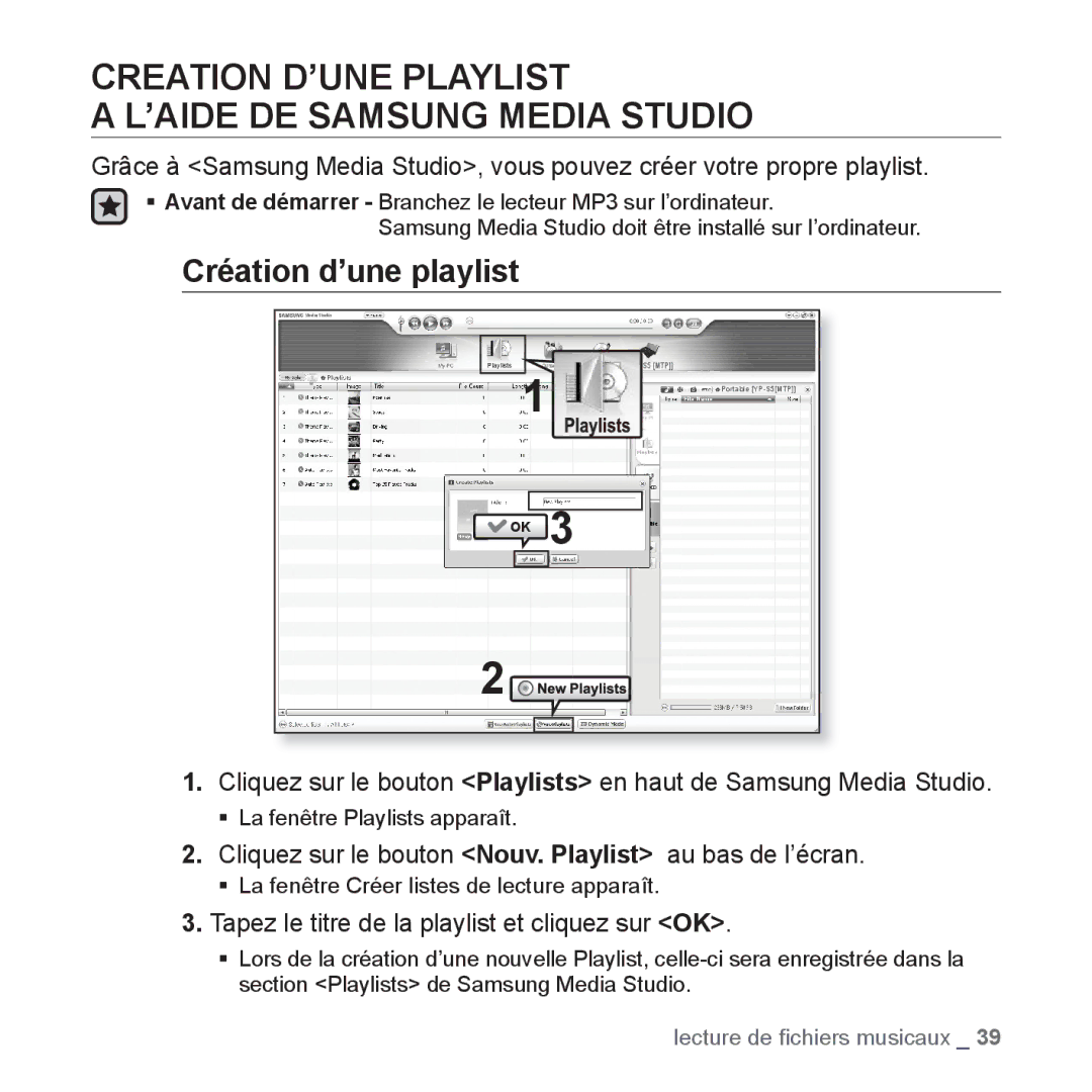 Samsung YP-S5JCB/XEF, YP-S5JAB/XEF manual Creation D’UNE Playlist ’AIDE DE Samsung Media Studio, Création d’une playlist 