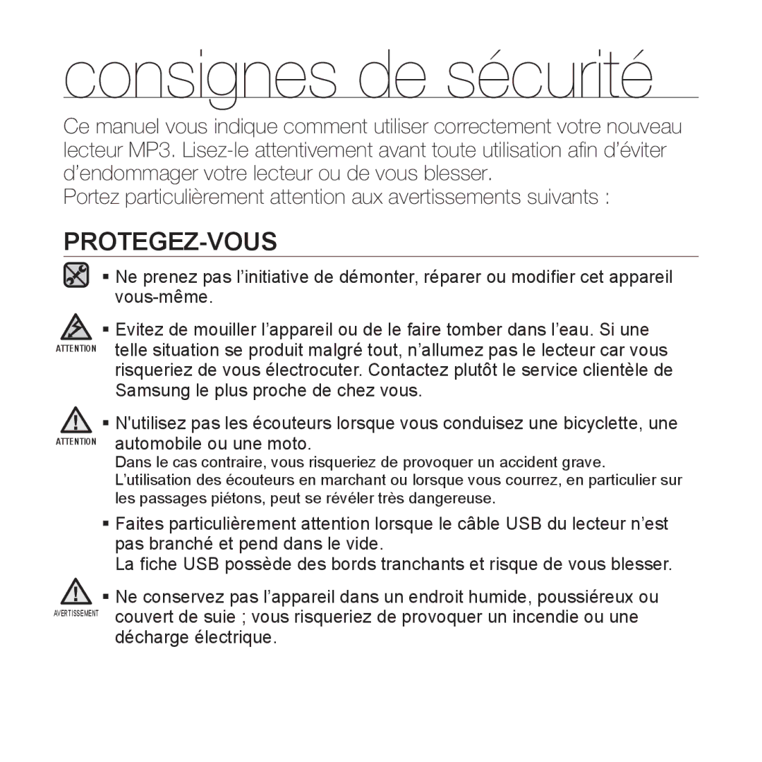 Samsung YP-S5JAB/XEF, YP-S5JQB/XEF, YP-S5JCW/XEF, YP-S5JCB/XEF manual Protegez-Vous, Décharge électrique 