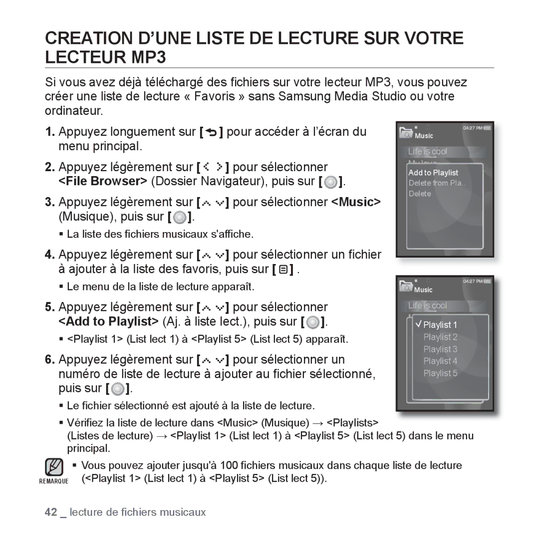 Samsung YP-S5JCW/XEF Creation D’UNE Liste DE Lecture SUR Votre Lecteur MP3, Add to Playlist Aj. à liste lect., puis sur 