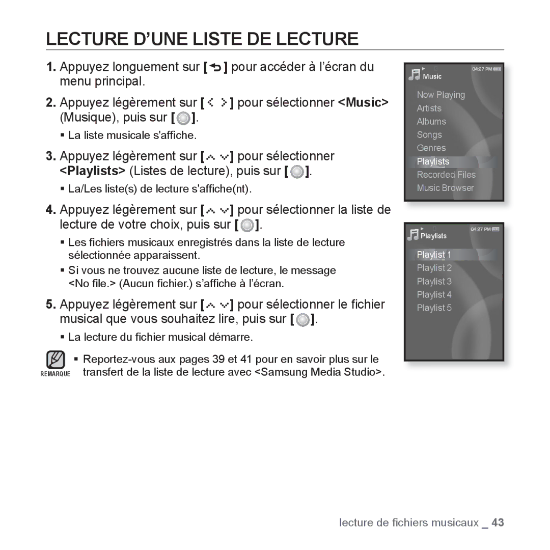 Samsung YP-S5JCB/XEF, YP-S5JAB/XEF, YP-S5JQB/XEF, YP-S5JCW/XEF manual Lecture D’UNE Liste DE Lecture 