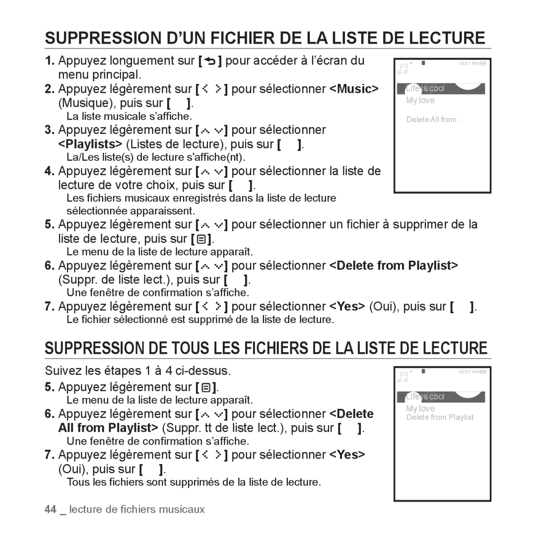 Samsung YP-S5JAB/XEF, YP-S5JQB/XEF, YP-S5JCW/XEF, YP-S5JCB/XEF manual Suppression D’UN Fichier DE LA Liste DE Lecture 