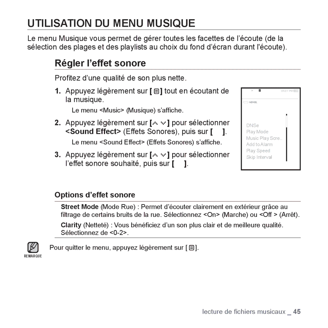 Samsung YP-S5JQB/XEF, YP-S5JAB/XEF, YP-S5JCW/XEF Utilisation DU Menu Musique, Régler l’effet sonore, Options d’effet sonore 