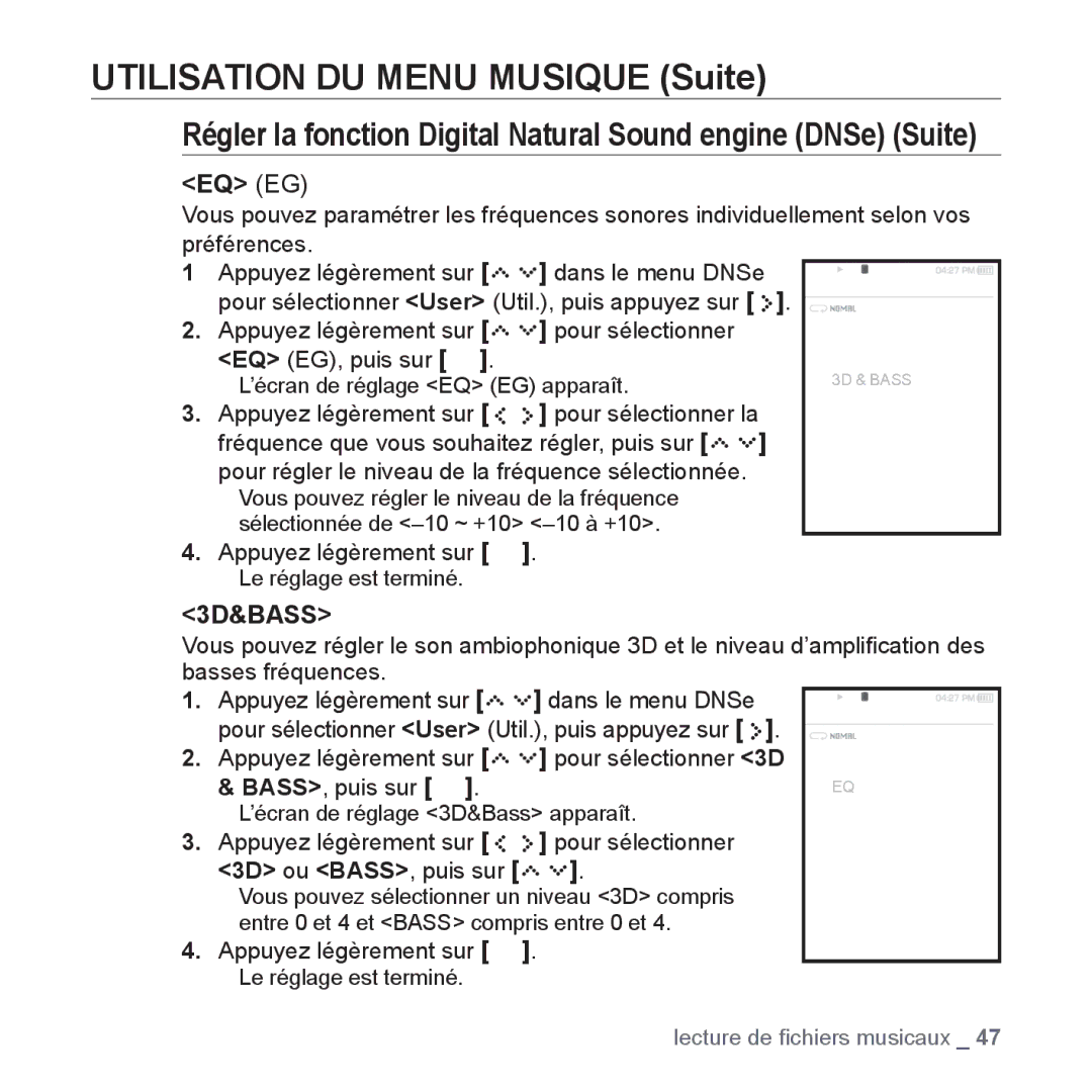 Samsung YP-S5JCB/XEF, YP-S5JAB/XEF, YP-S5JQB/XEF manual Régler la fonction Digital Natural Sound engine DNSe Suite, Eq Eg 