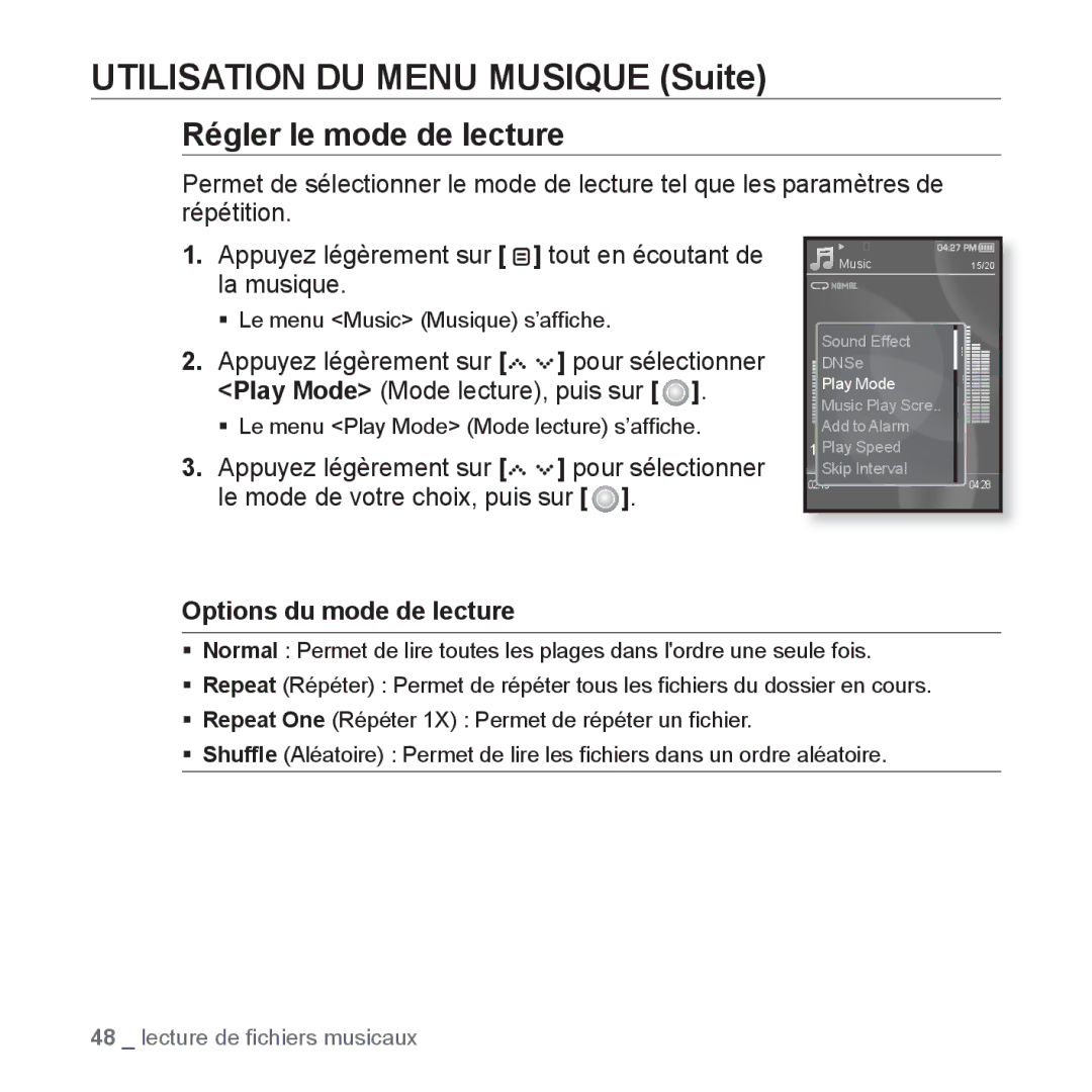 Samsung YP-S5JAB/XEF, YP-S5JQB/XEF, YP-S5JCW/XEF, YP-S5JCB/XEF manual Régler le mode de lecture, Options du mode de lecture 