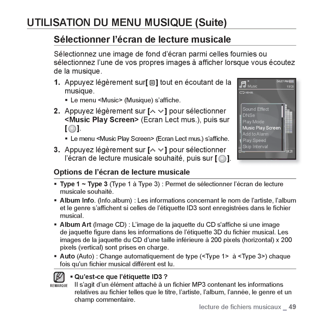 Samsung YP-S5JQB/XEF, YP-S5JAB/XEF manual Sélectionner l’écran de lecture musicale, Options de l’écran de lecture musicale 