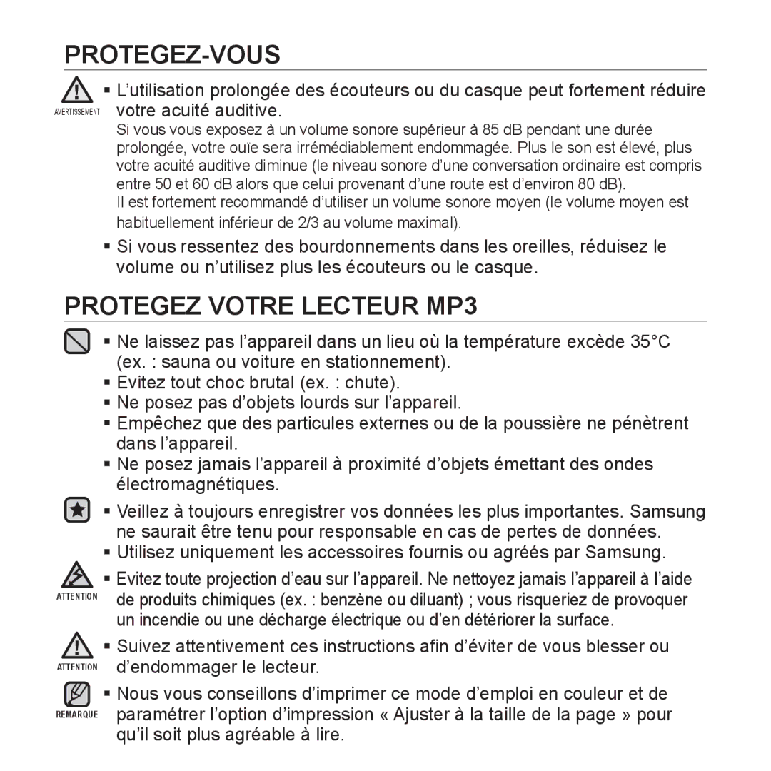 Samsung YP-S5JQB/XEF, YP-S5JAB/XEF, YP-S5JCW/XEF, YP-S5JCB/XEF manual Protegez Votre Lecteur MP3 