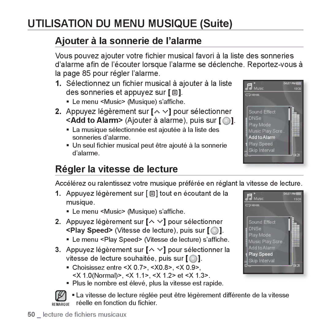 Samsung YP-S5JCW/XEF, YP-S5JAB/XEF, YP-S5JQB/XEF manual Ajouter à la sonnerie de l’alarme, Régler la vitesse de lecture 