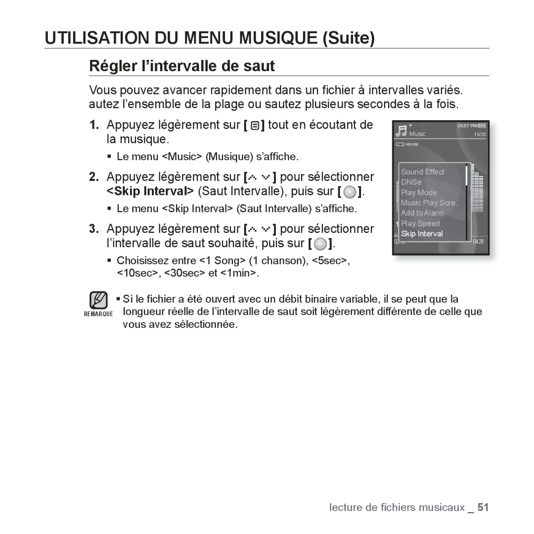 Samsung YP-S5JCB/XEF, YP-S5JAB/XEF, YP-S5JQB/XEF, YP-S5JCW/XEF manual Régler l’intervalle de saut 