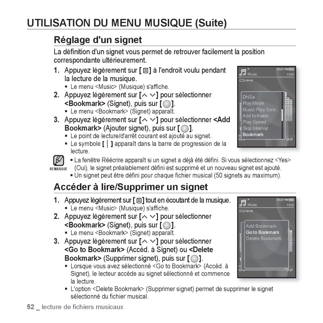 Samsung YP-S5JAB/XEF Réglage dun signet, Accéder à lire/Supprimer un signet, Pour sélectionner Bookmark Signet, puis sur 