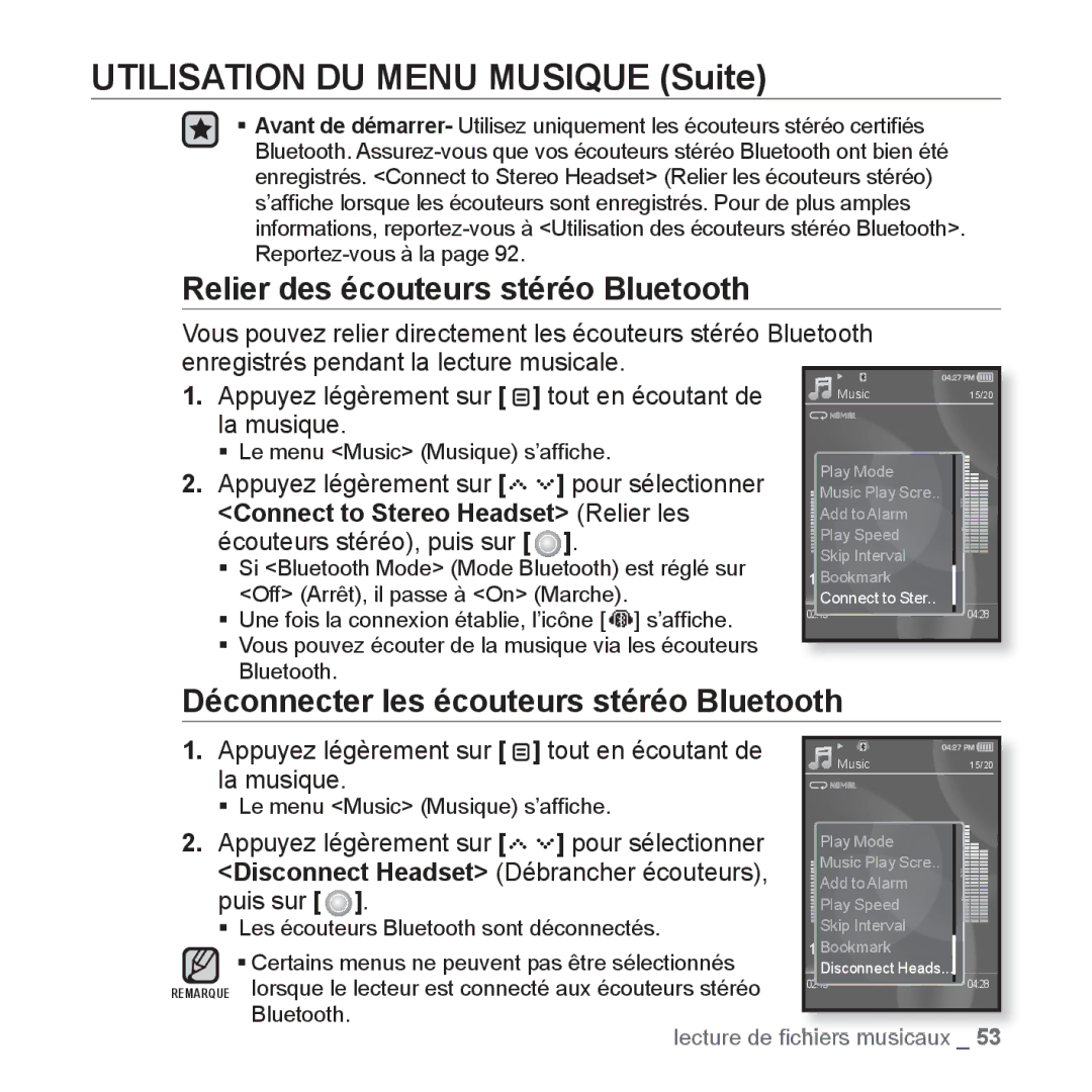 Samsung YP-S5JQB/XEF, YP-S5JAB/XEF manual Relier des écouteurs stéréo Bluetooth, Déconnecter les écouteurs stéréo Bluetooth 