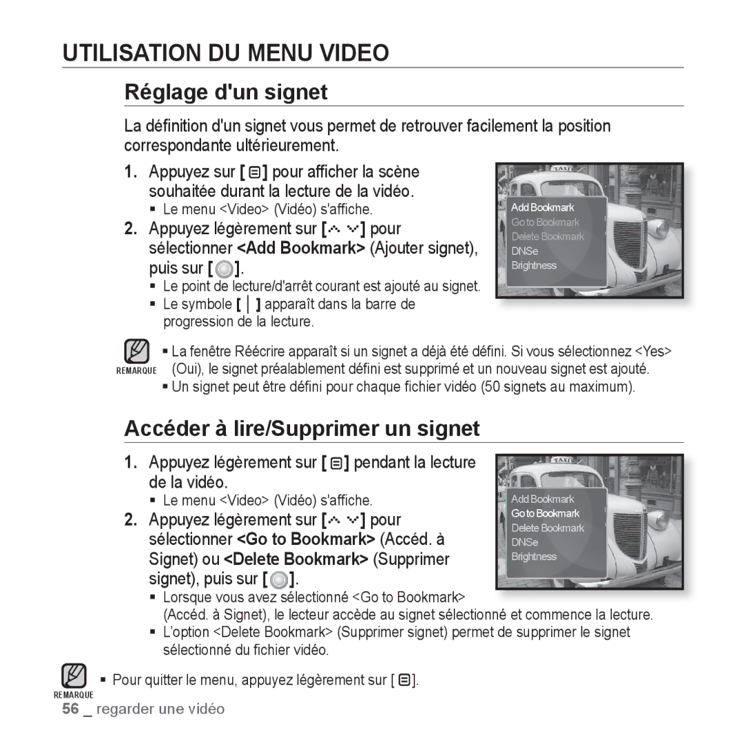 Samsung YP-S5JAB/XEF, YP-S5JQB/XEF, YP-S5JCW/XEF, YP-S5JCB/XEF manual Utilisation DU Menu Video, Appuyez légèrement sur Pour 