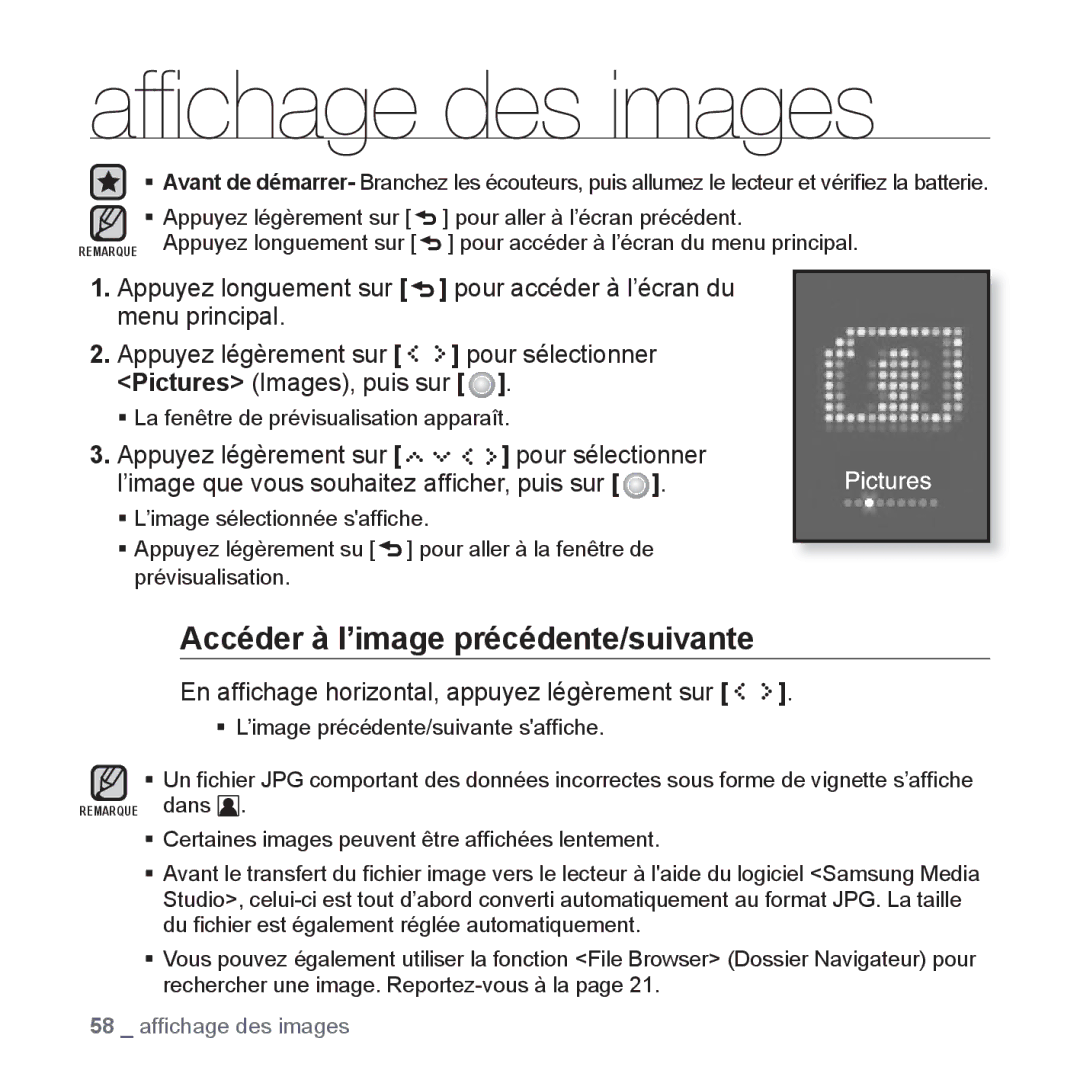 Samsung YP-S5JCW/XEF, YP-S5JAB/XEF, YP-S5JQB/XEF, YP-S5JCB/XEF Afﬁchage des images, Accéder à l’image précédente/suivante 