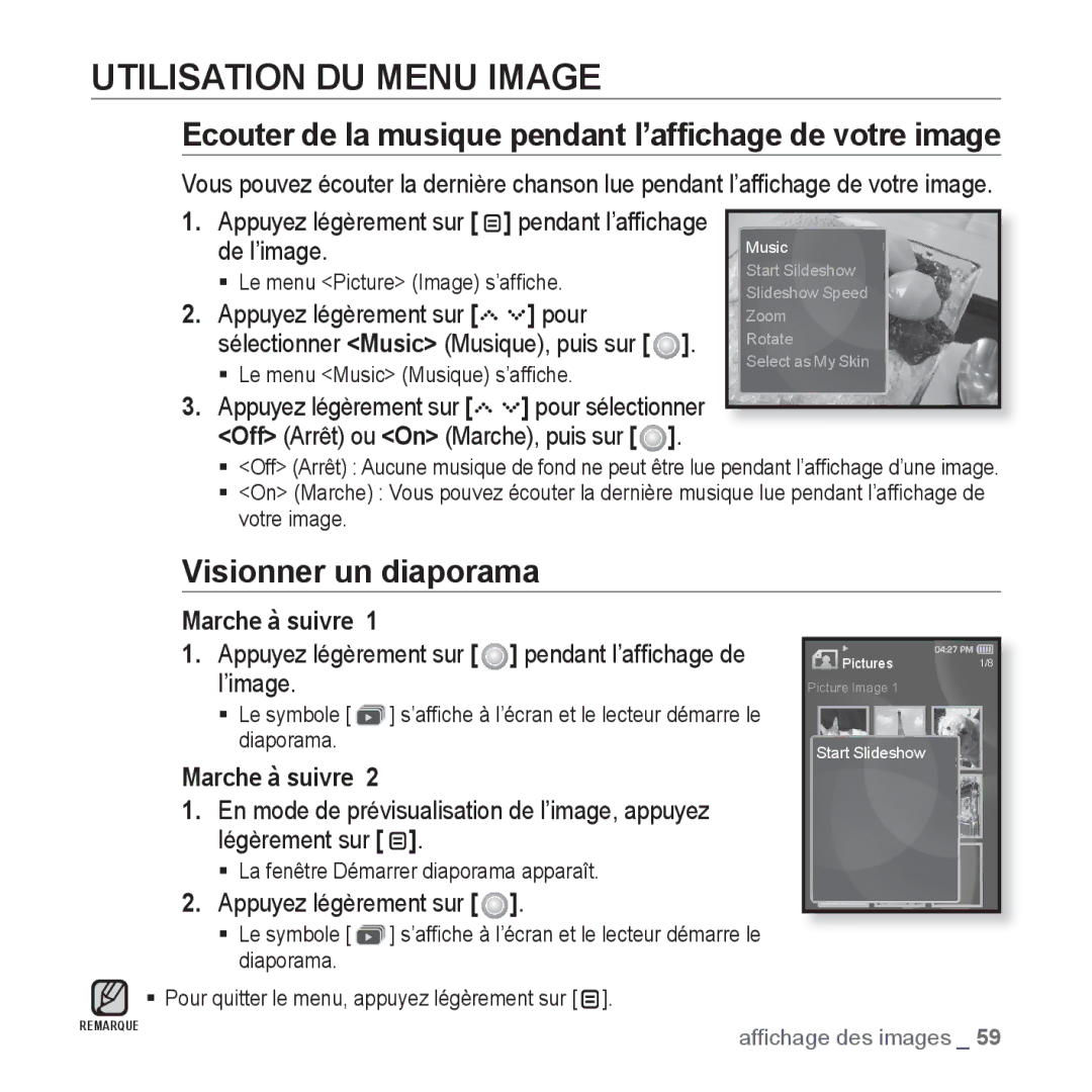 Samsung YP-S5JCB/XEF, YP-S5JAB/XEF manual Utilisation DU Menu Image, Ecouter de la musique pendant l’afﬁchage de votre image 