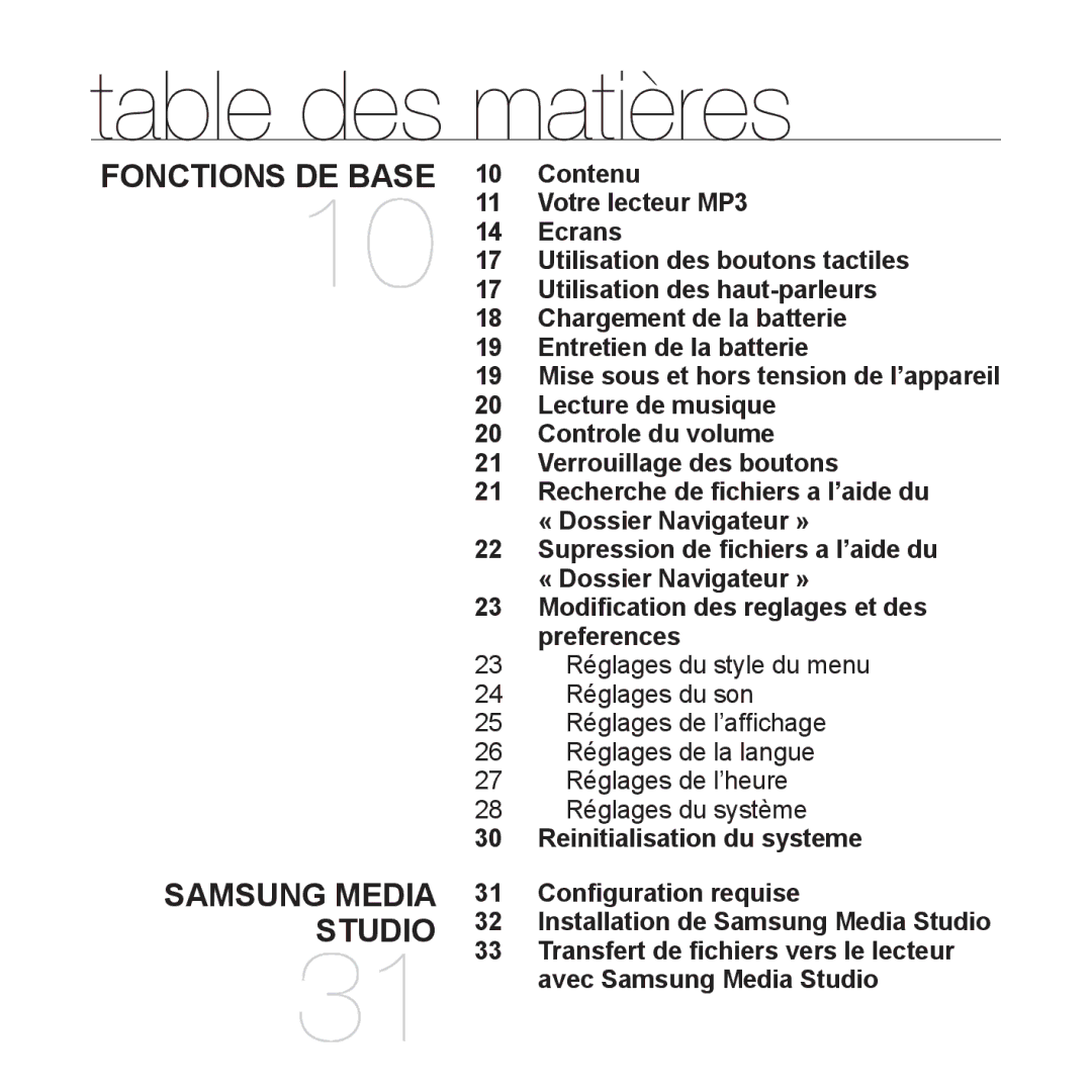 Samsung YP-S5JCW/XEF, YP-S5JAB/XEF manual Table des matières, Fonctions DE Base 10 Contenu, Reinitialisation du systeme 