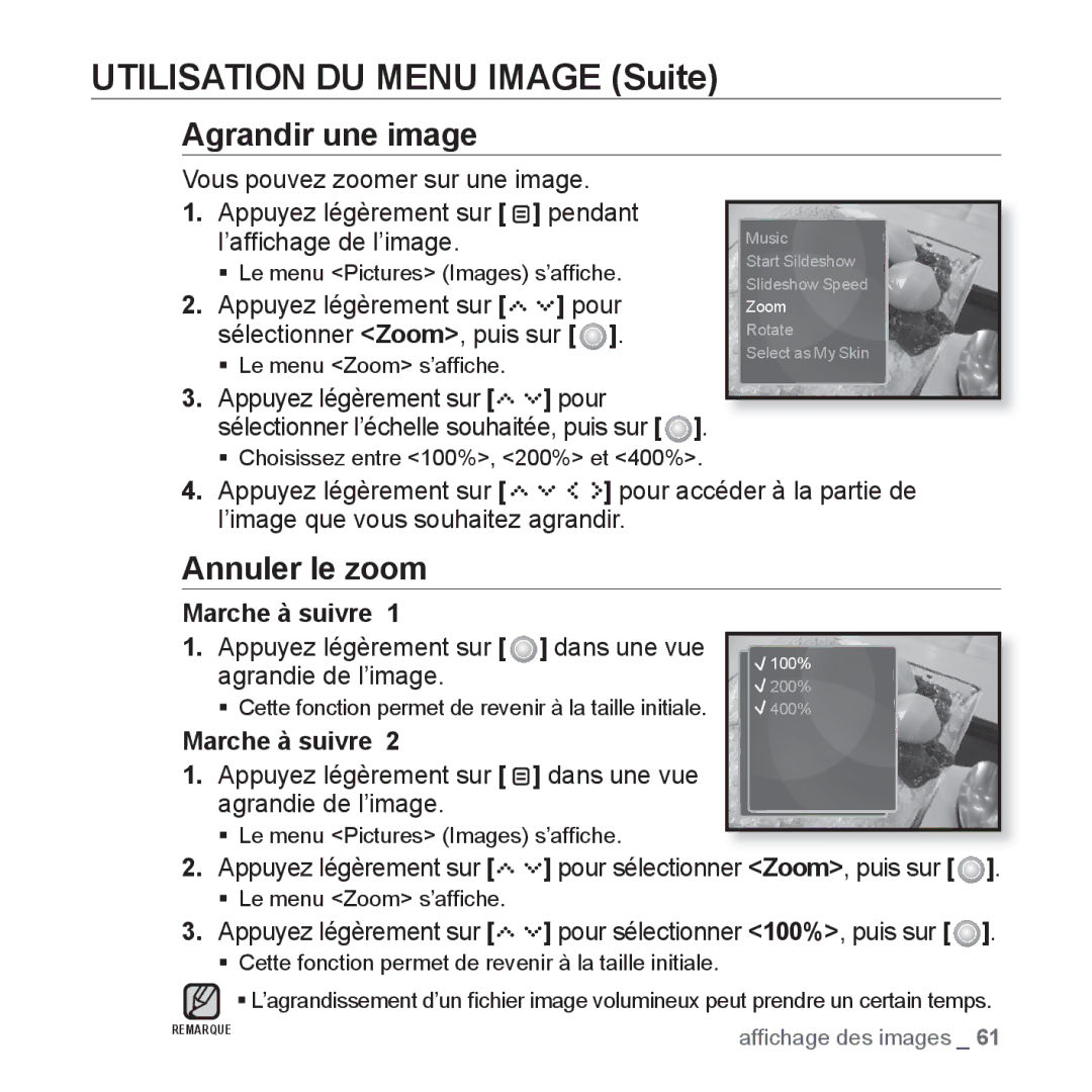 Samsung YP-S5JQB/XEF manual Agrandir une image, Annuler le zoom, Appuyez légèrement sur dans une vue agrandie de l’image 